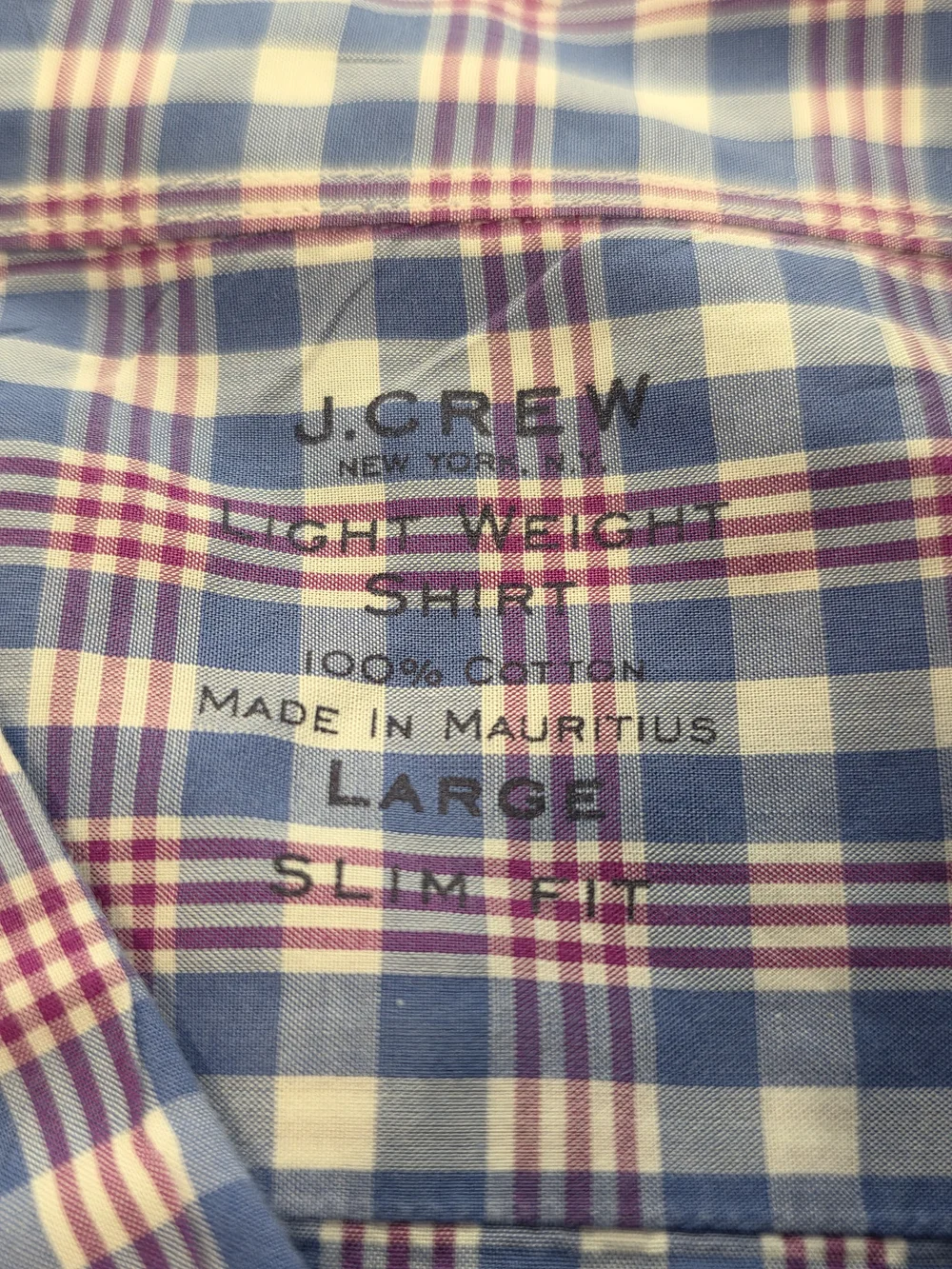 (L) Men's J. Crew Casual Dress Shirt Plaid Red & Blue Ultra Light Cotton Slim